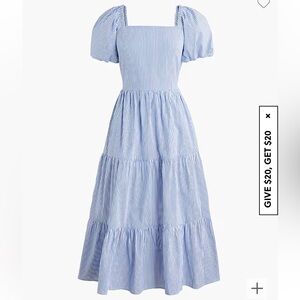 J Crew Factory Tiered midi dress with puff sleeves blue and white stripes